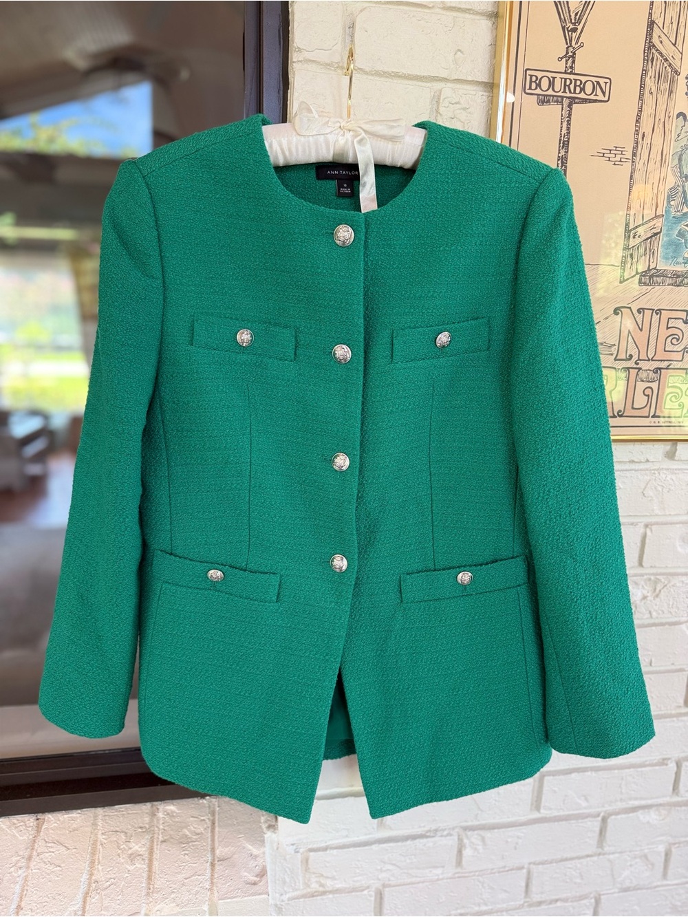 Ann Taylor Green Tweed Blazer Jacket Boucle Crest Button Trophy 10